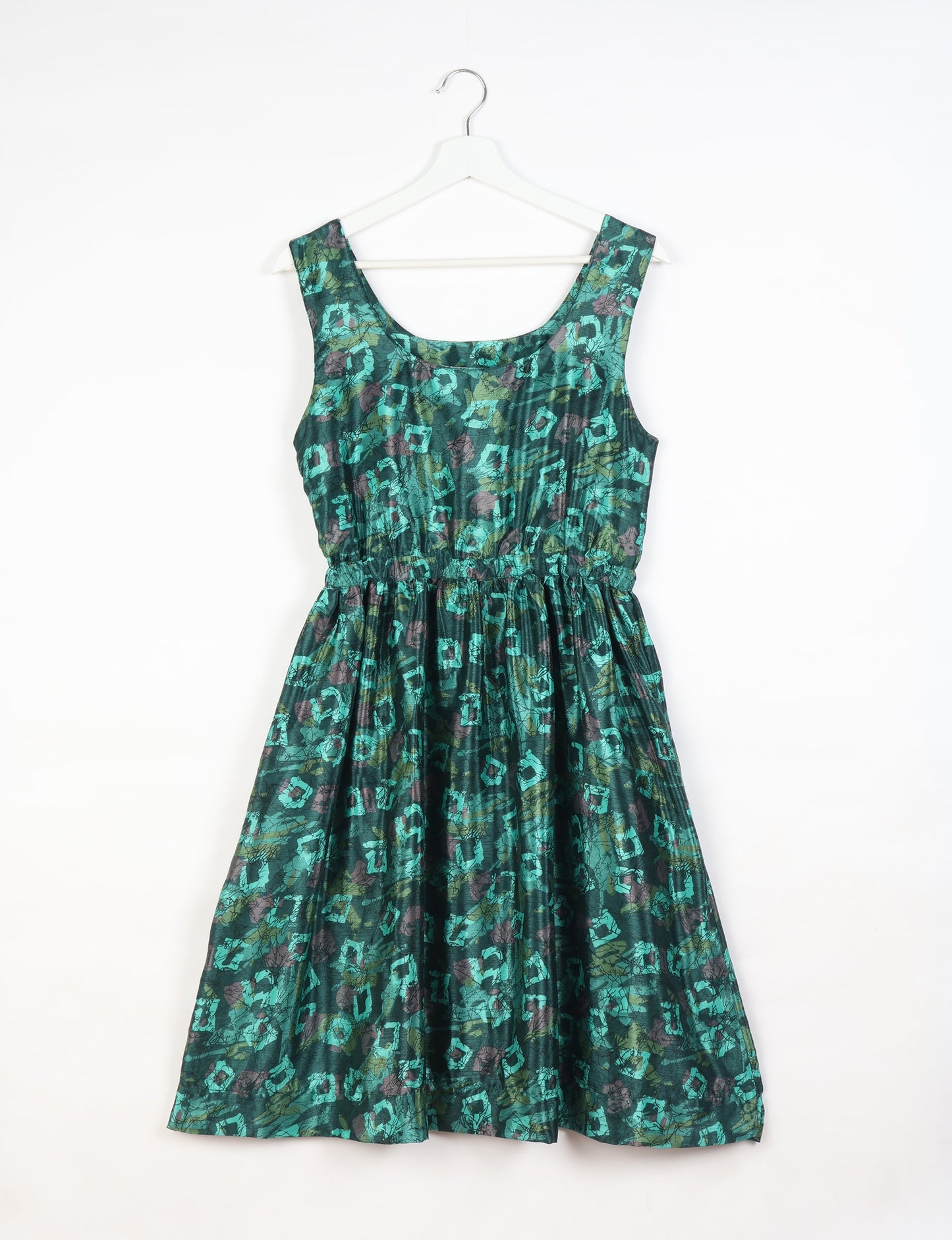 Upcycled women’s fit and flare dress made from recycled sari products, showcasing environment friendly clothing and green fashion design — an eco clothing choice for conscious clothing lovers and sustainable women’s fashion enthusiasts.