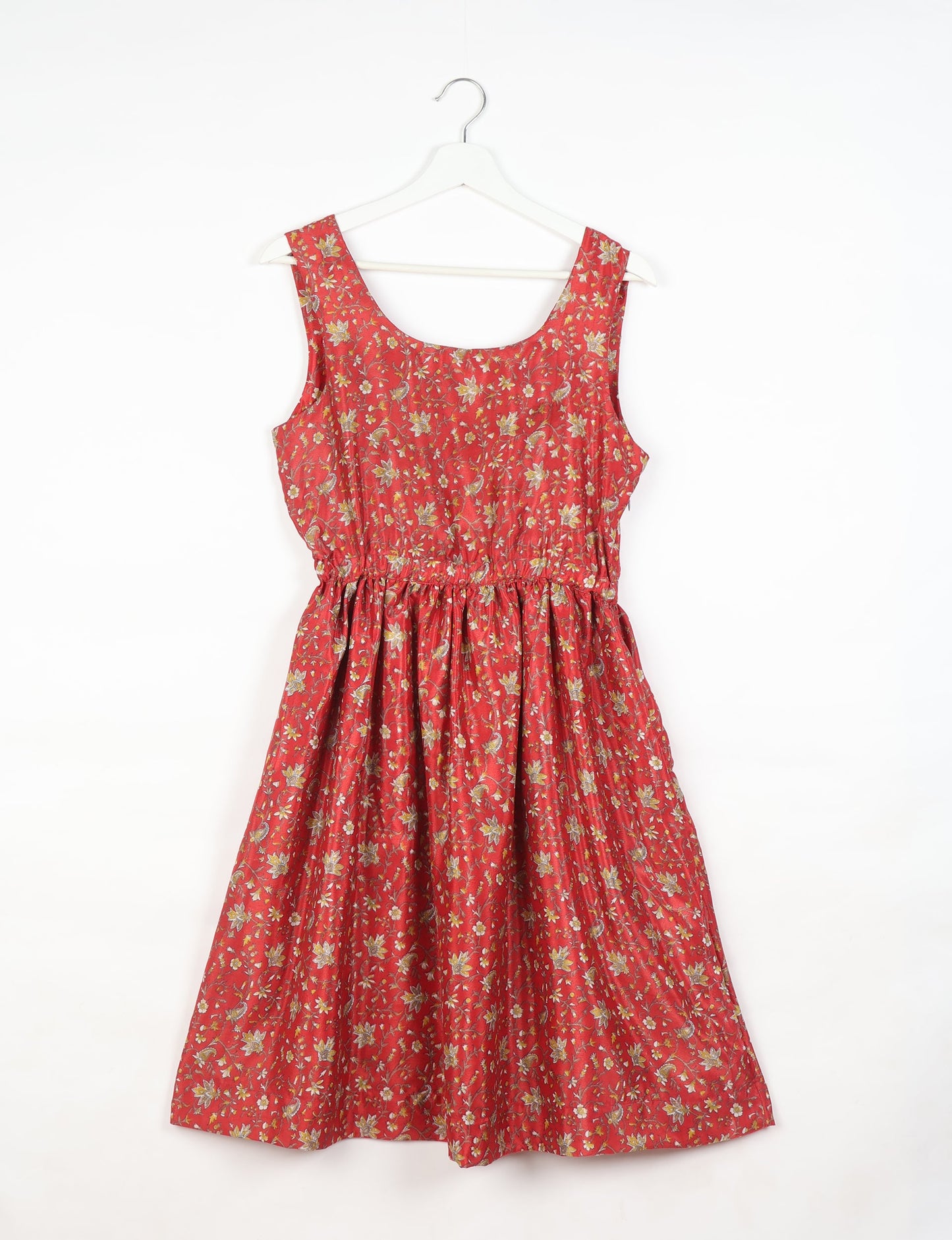 Upcycled women’s fit and flare dress made from recycled sari products, showcasing environment friendly clothing and green fashion design — an eco clothing choice for conscious clothing lovers and sustainable women’s fashion enthusiasts.