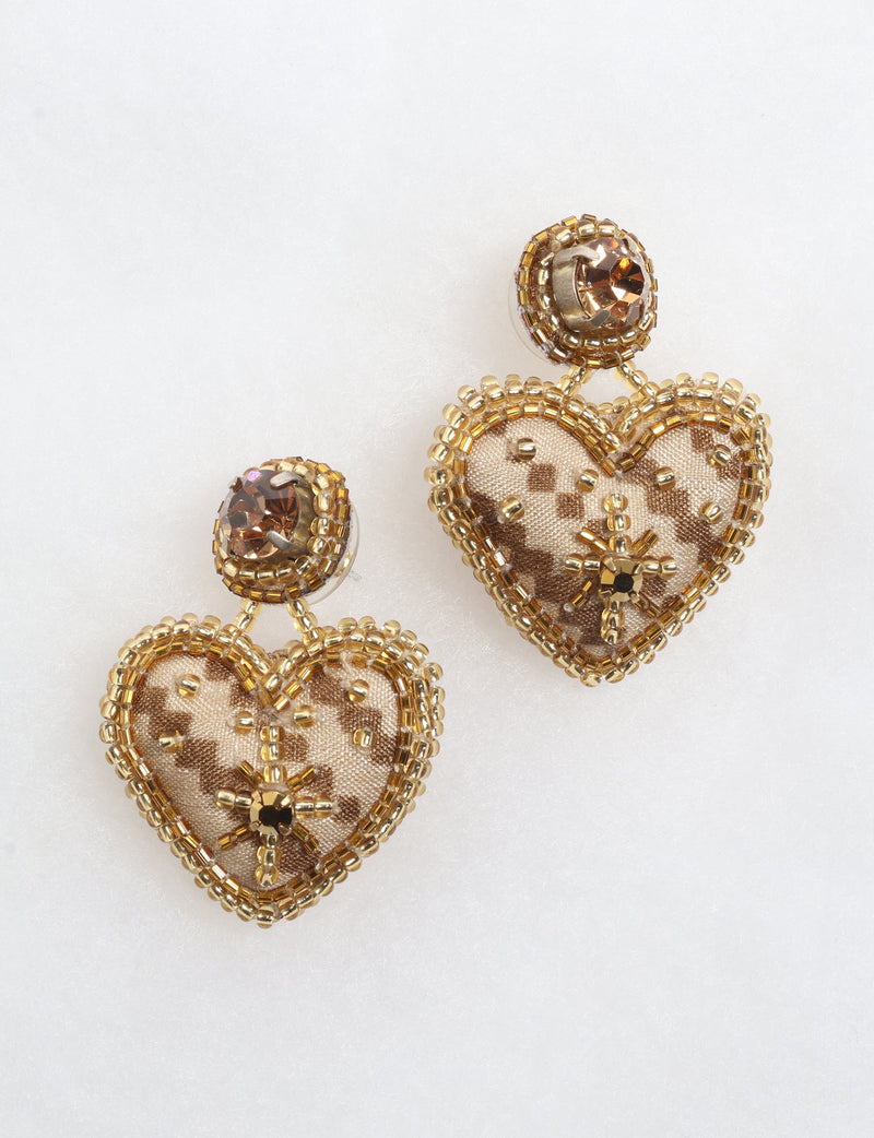 Gold-tone heart drop earrings with brown rhinestones and bead embellishments on fabric hearts, shown flat on white background