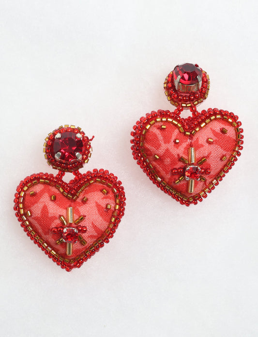 Hand-embroidered Heart Drop Earrings featuring intricate Aari stitching, crafted from recycled sari fabric. A stunning blend of upcycled clothing, ethical fashion, and circular fashion, these earrings embrace recycled sustainable fashion and earth-friendly clothing for a truly elegant, eco-conscious choice.