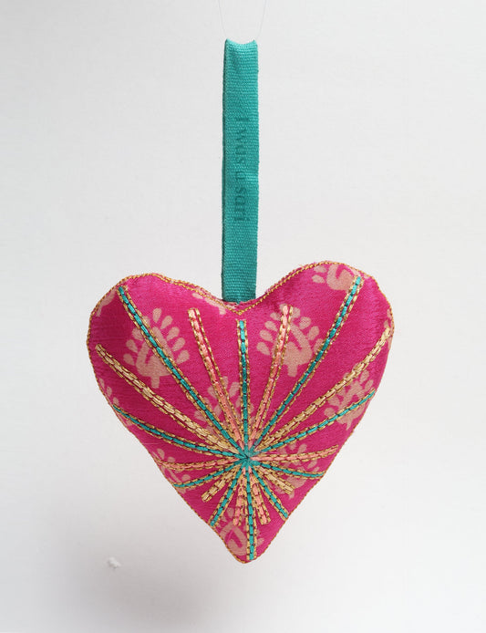 Timeless Heart ornament made from upcycled clothing and recycled fabric, filled with organic cotton and hand-finished with vibrant silk and metallic thread. An eco-friendly, carbon neutral fashion piece that supports green fashion and fair trade apparel.