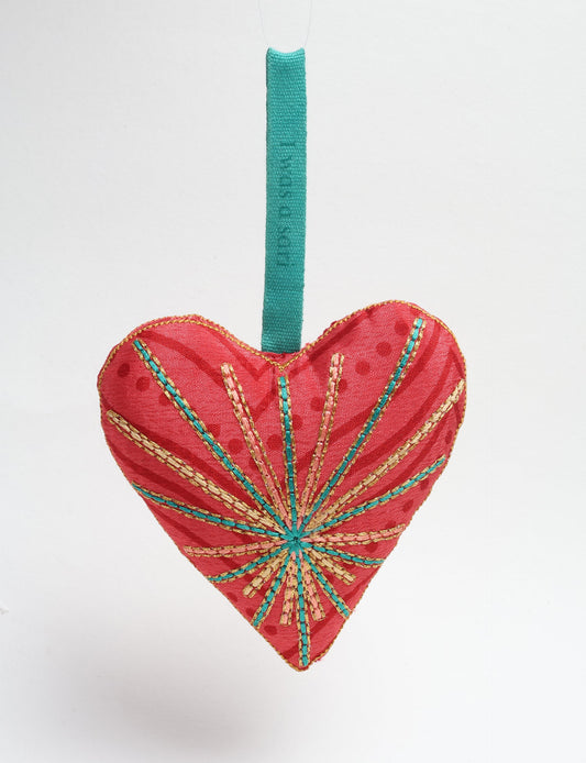 Timeless Heart ornament made from upcycled clothing and recycled fabric, filled with organic cotton and hand-finished with vibrant silk and metallic thread. An eco-friendly, carbon neutral fashion piece that supports green fashion and fair trade apparel.