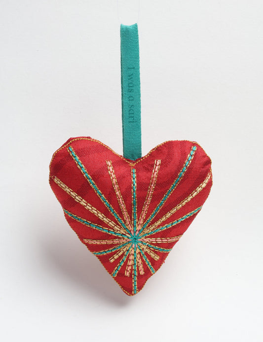 Timeless Heart ornament made from upcycled clothing and recycled fabric, filled with organic cotton and hand-finished with vibrant silk and metallic thread. An eco-friendly, carbon neutral fashion piece that supports green fashion and fair trade apparel.