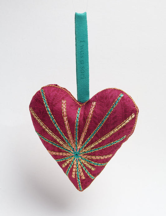 Timeless Heart ornament made from upcycled clothing and recycled fabric, filled with organic cotton and hand-finished with vibrant silk and metallic thread. An eco-friendly, carbon neutral fashion piece that supports green fashion and fair trade apparel.