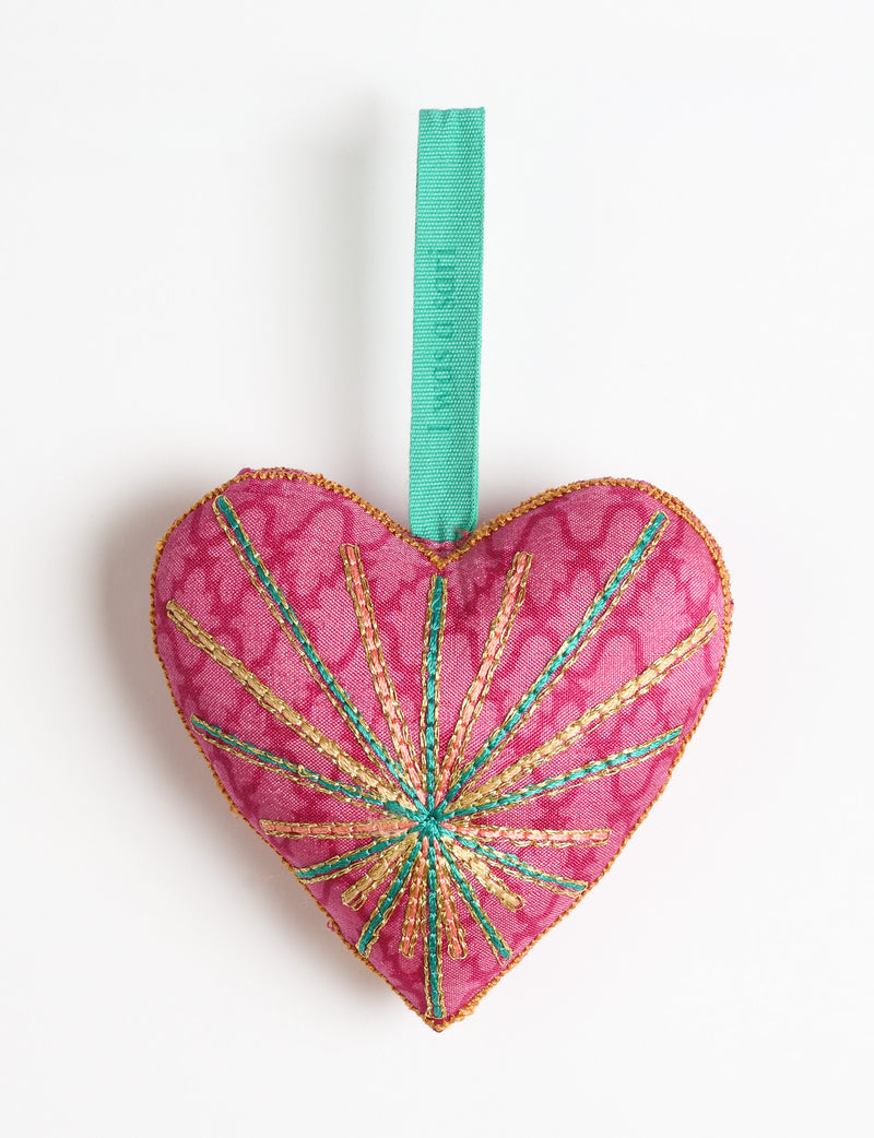 Timeless Heart ornament made from upcycled clothing and recycled fabric, filled with organic cotton and hand-finished with vibrant silk and metallic thread. An eco-friendly, carbon neutral fashion piece that supports green fashion and fair trade apparel.