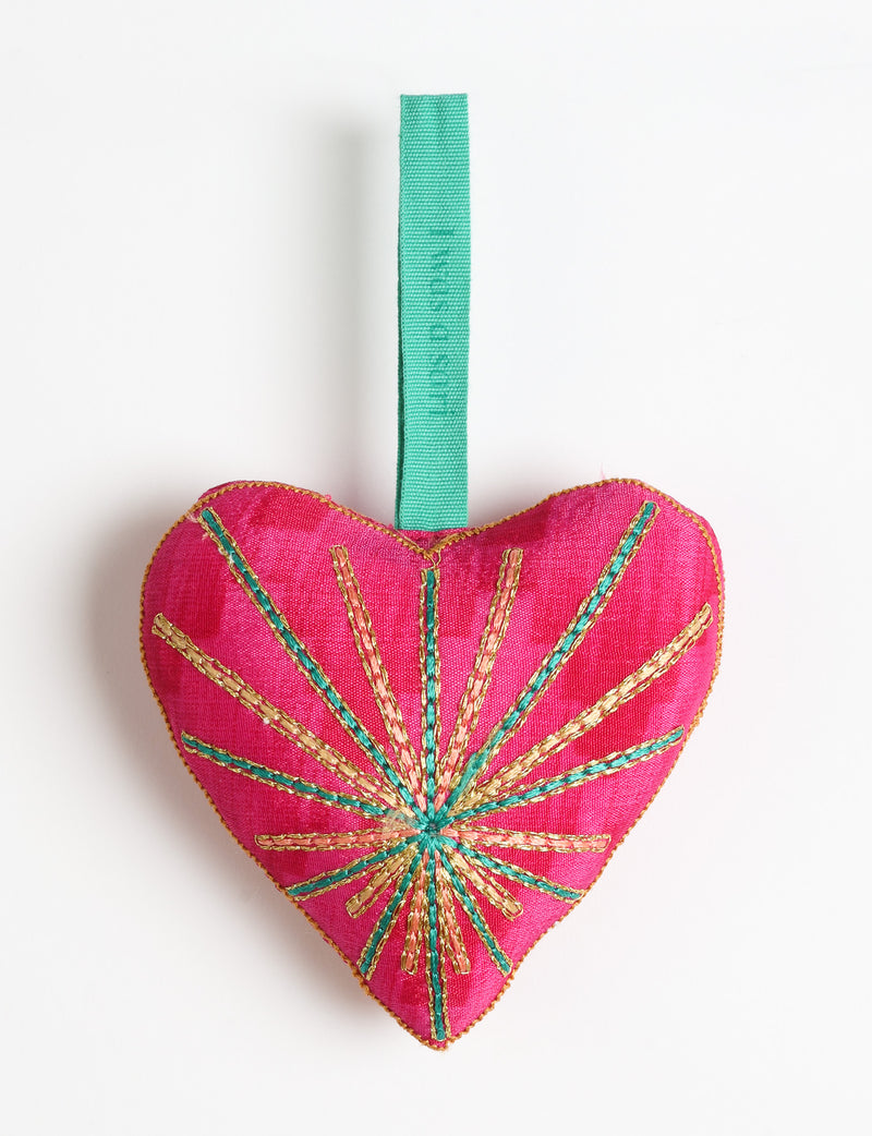 Timeless Heart ornament made from upcycled clothing and recycled fabric, filled with organic cotton and hand-finished with vibrant silk and metallic thread. An eco-friendly, carbon neutral fashion piece that supports green fashion and fair trade apparel.