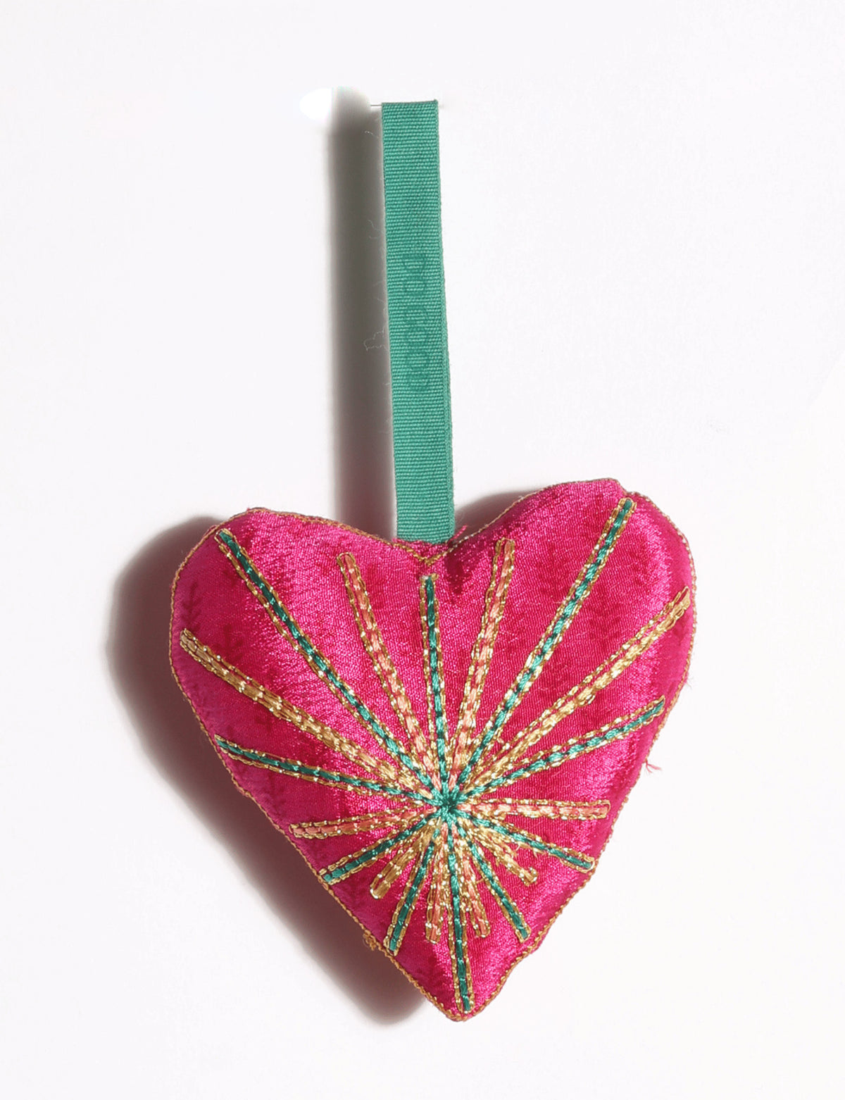 Timeless Heart Ornament / DO GOOD handcrafted from upcycled sari fabric, featuring silk and metallic gold thread embroidery with a hanging loop.