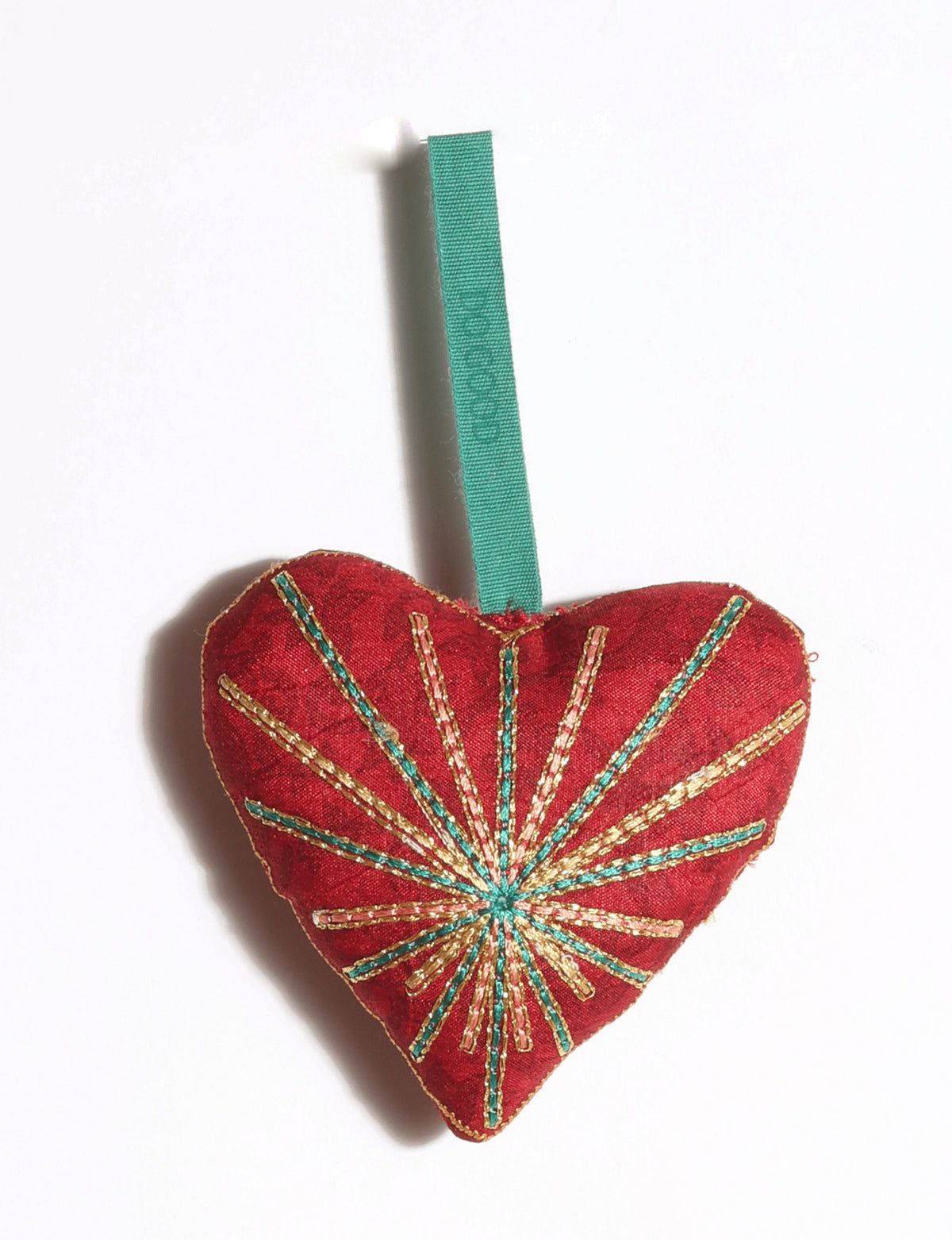 Timeless Heart Ornament / DO GOOD handcrafted from upcycled sari fabric, featuring silk and metallic gold thread embroidery with a hanging loop.