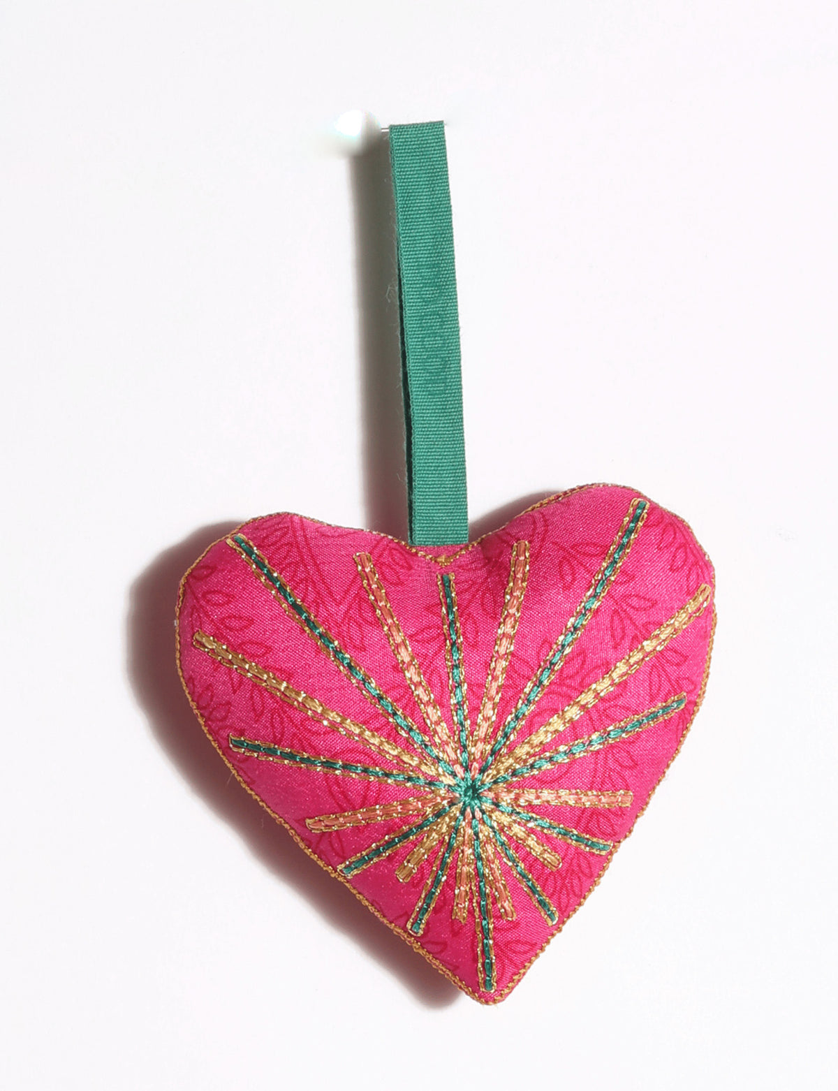 Timeless Heart Ornament / DO GOOD handcrafted from upcycled sari fabric, featuring silk and metallic gold thread embroidery with a hanging loop.