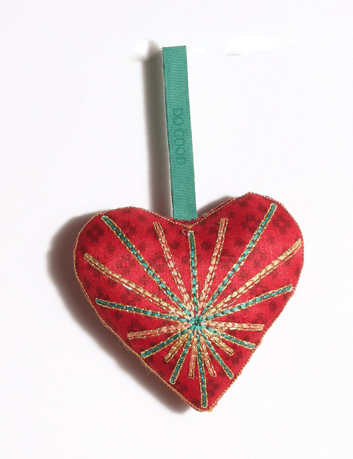 Timeless Heart Ornament / DO GOOD handcrafted from upcycled sari fabric, featuring silk and metallic gold thread embroidery with a hanging loop.