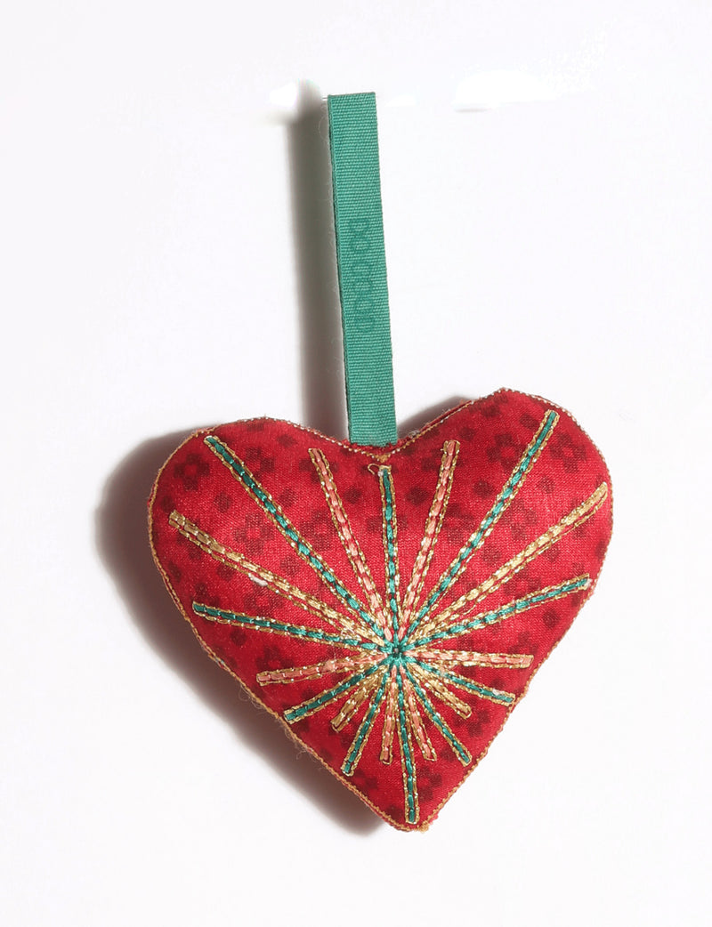 Timeless Heart Ornament / DO GOOD handcrafted from upcycled sari fabric, featuring silk and metallic gold thread embroidery with a hanging loop.