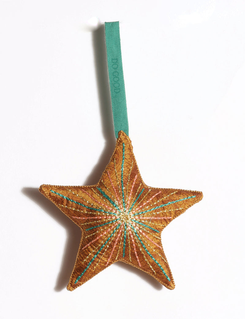 Handmade star ornament made from preloved saris with vibrant silk and gold thread embroidery and DO GOOD detailing.