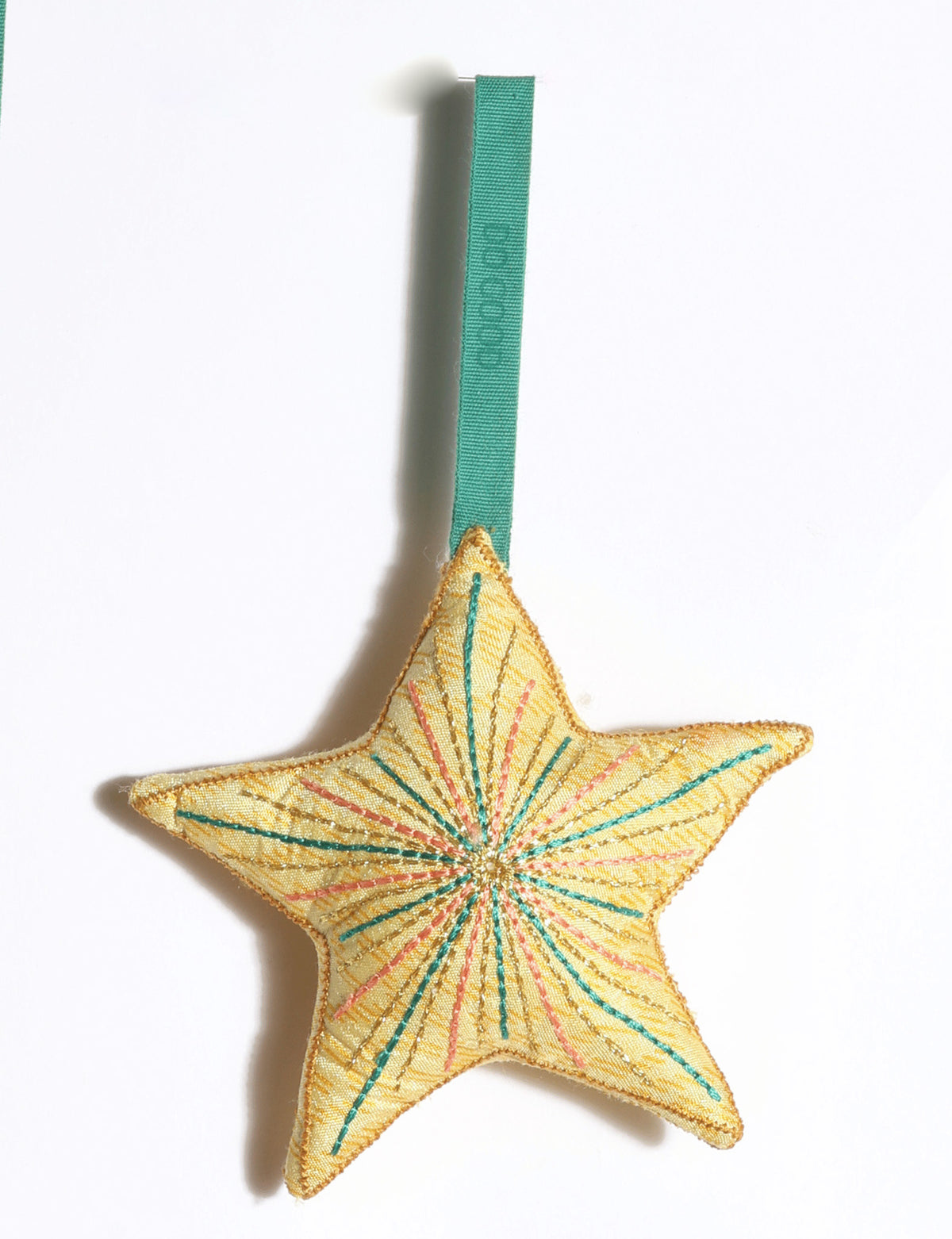 Handmade star ornament made from preloved saris with vibrant silk and gold thread embroidery and DO GOOD detailing.