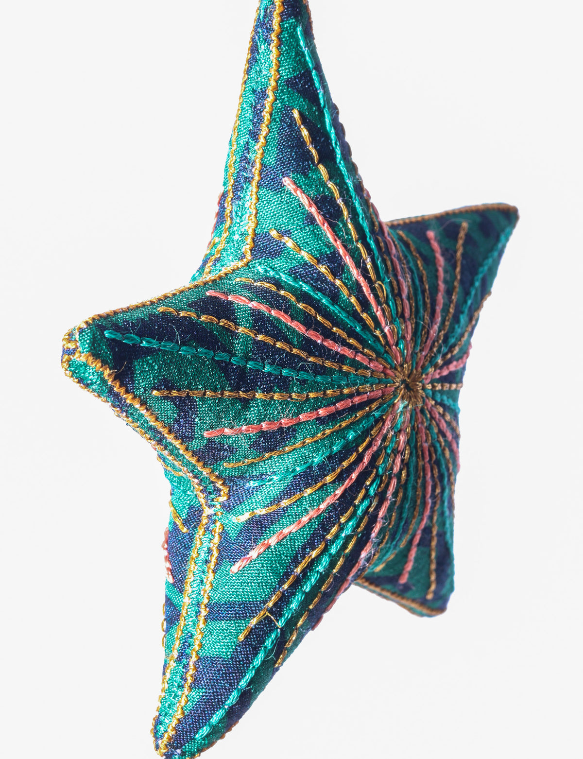 Timeless star ornament made from recycled sari fabric, featuring silk and metallic embroidery, crafted as part of green fashion, recycled clothing design, environmentally friendly clothing practices, and repurposed clothing traditions.