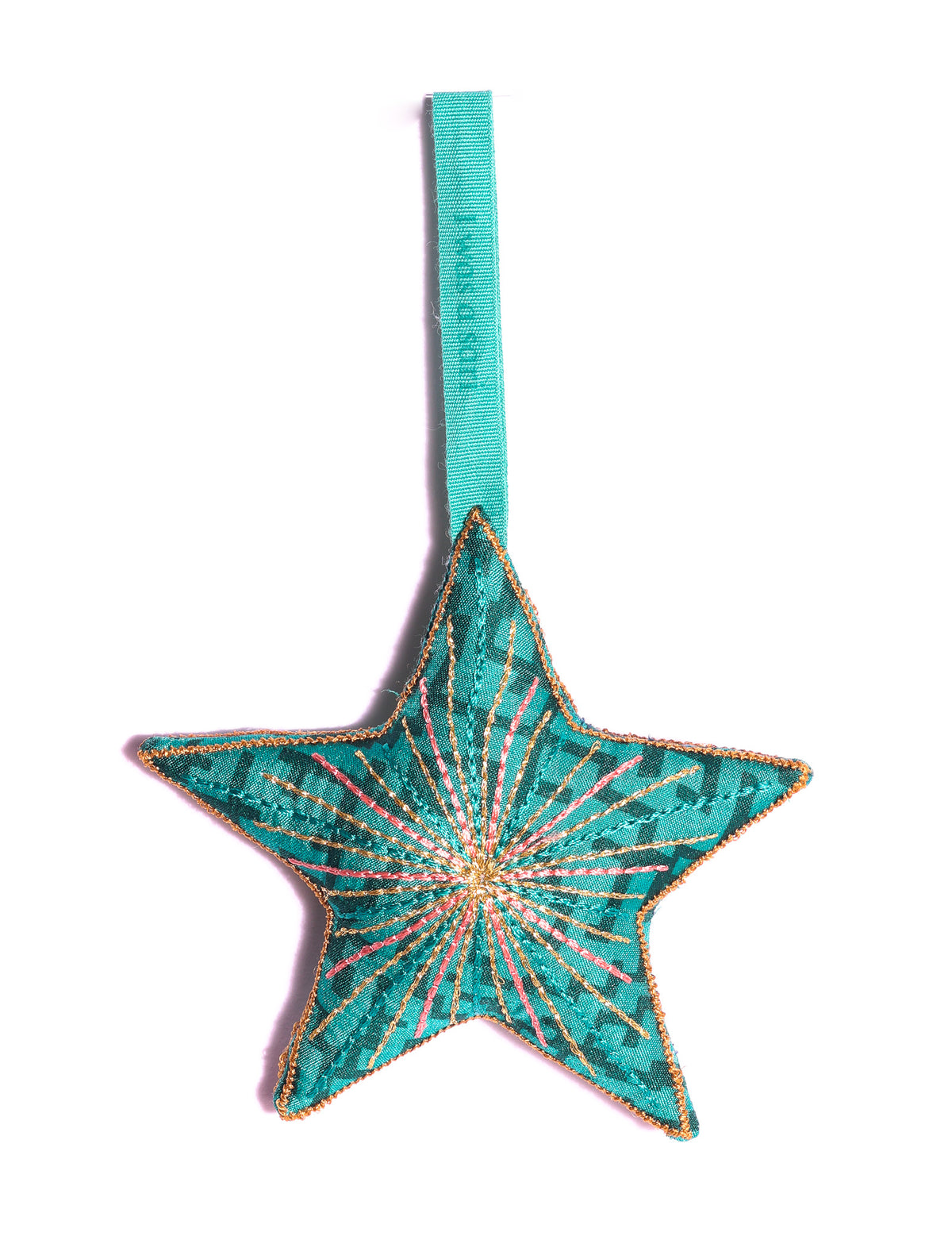 Timeless star ornament made from recycled sari fabric, featuring silk and metallic embroidery, crafted as part of green fashion, recycled clothing design, environmentally friendly clothing practices, and repurposed clothing traditions.