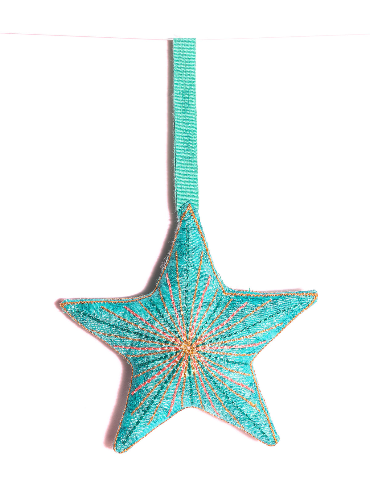 Timeless star ornament made from recycled sari fabric, featuring silk and metallic embroidery, crafted as part of green fashion, recycled clothing design, environmentally friendly clothing practices, and repurposed clothing traditions.
