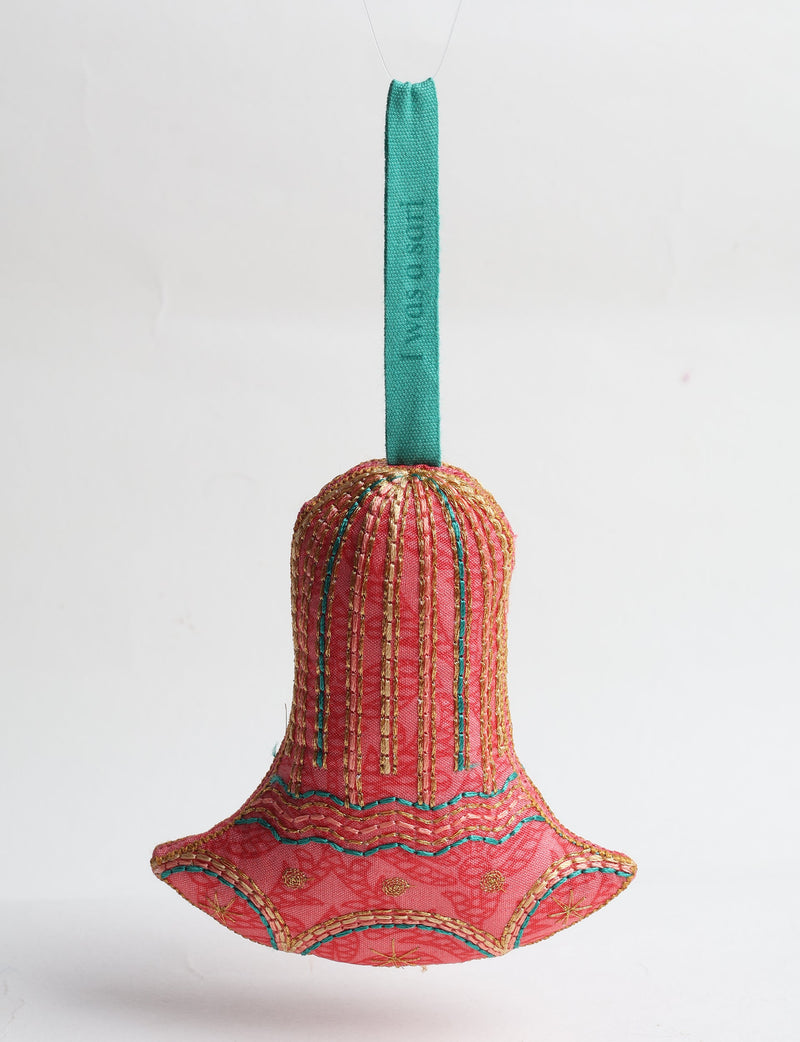 Red fabric bell ornament with gold and teal stitched vertical stripes and scalloped bottom edge, hanging by a teal loop