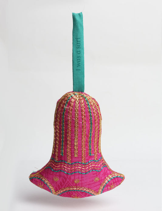 Upcycled sari bell ornament with hand embroidery and organic cotton filling — upcycled clothing, recycled sari products, eco clothing, recycled sustainable fashion, green fashion, repurposed clothing, earth friendly clothing, and conscious clothing accessory for sustainable women's clothing collections.