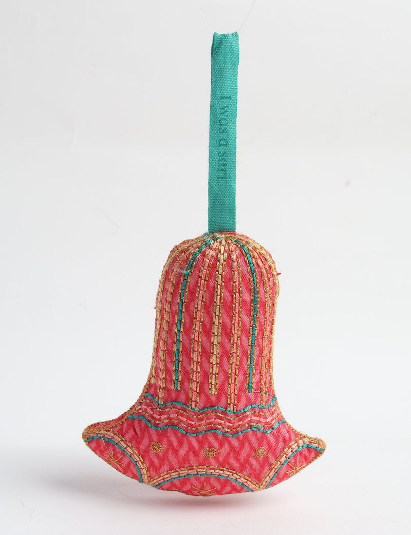 Red fabric bell ornament with gold and teal stitched vertical stripes and decorative patterns, hanging by a teal loop