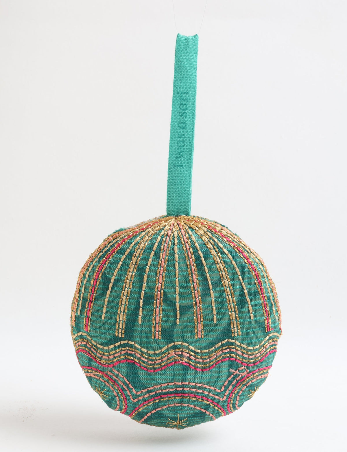 Green paisley full moon ornament with gold and pink stitched embroidery and a teal hanging loop with text