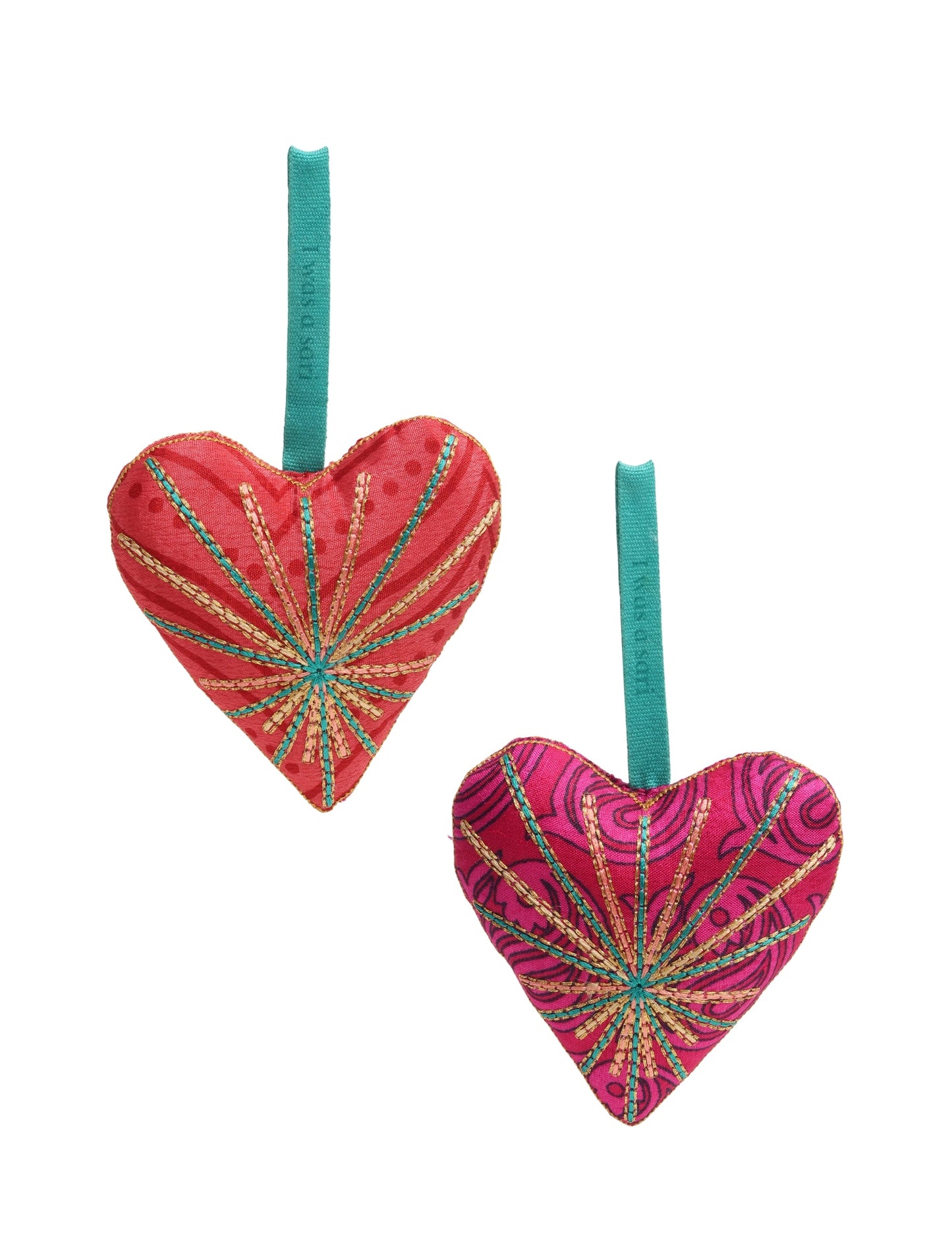 Timeless Heart ornament made from upcycled clothing and recycled fabric, filled with organic cotton and hand-finished with vibrant silk and metallic thread. An eco-friendly, carbon neutral fashion piece that supports green fashion and fair trade apparel.