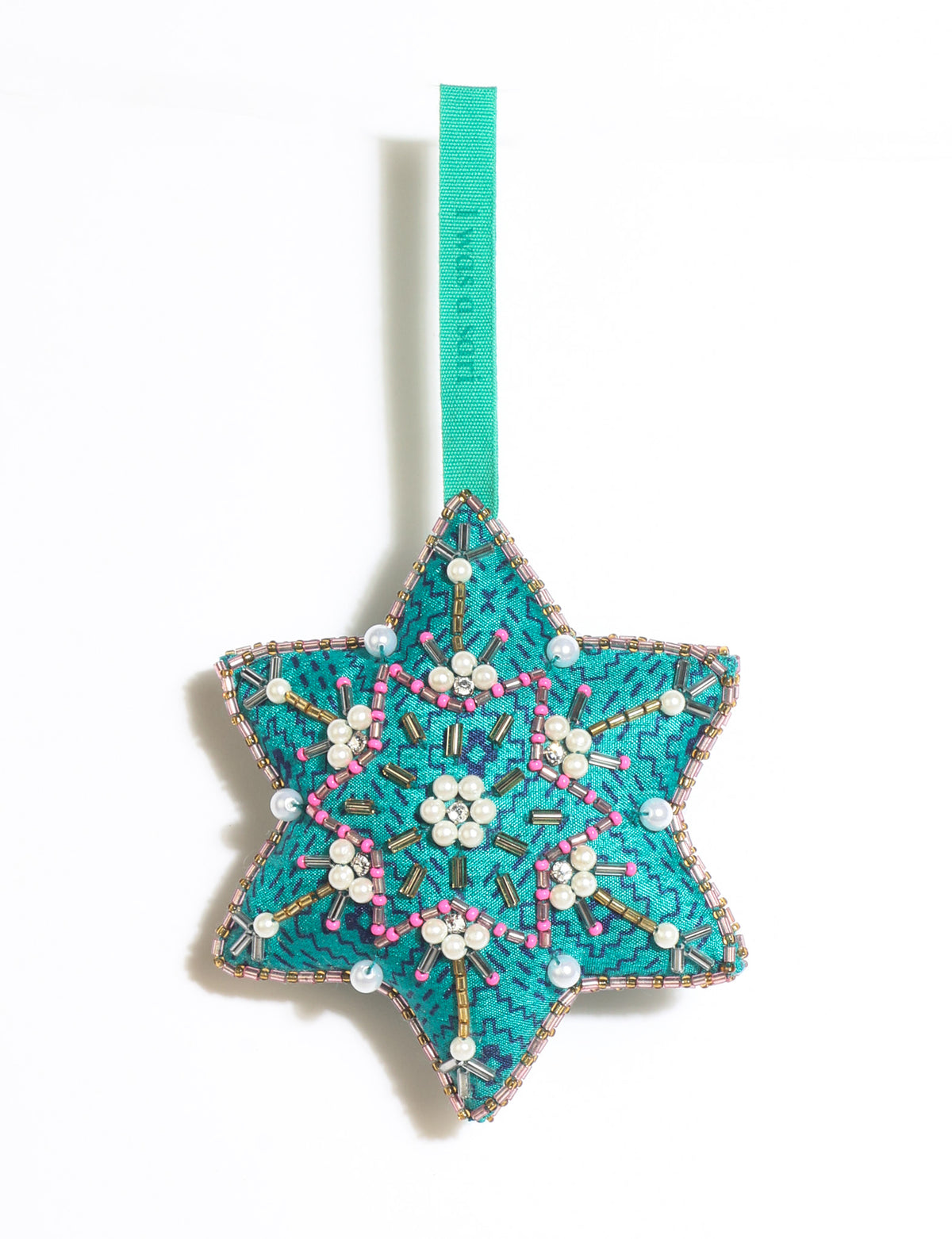 Teal fabric star-shaped snowflake ornament with bead and pearl embellishments, hanging by a teal fabric loop
