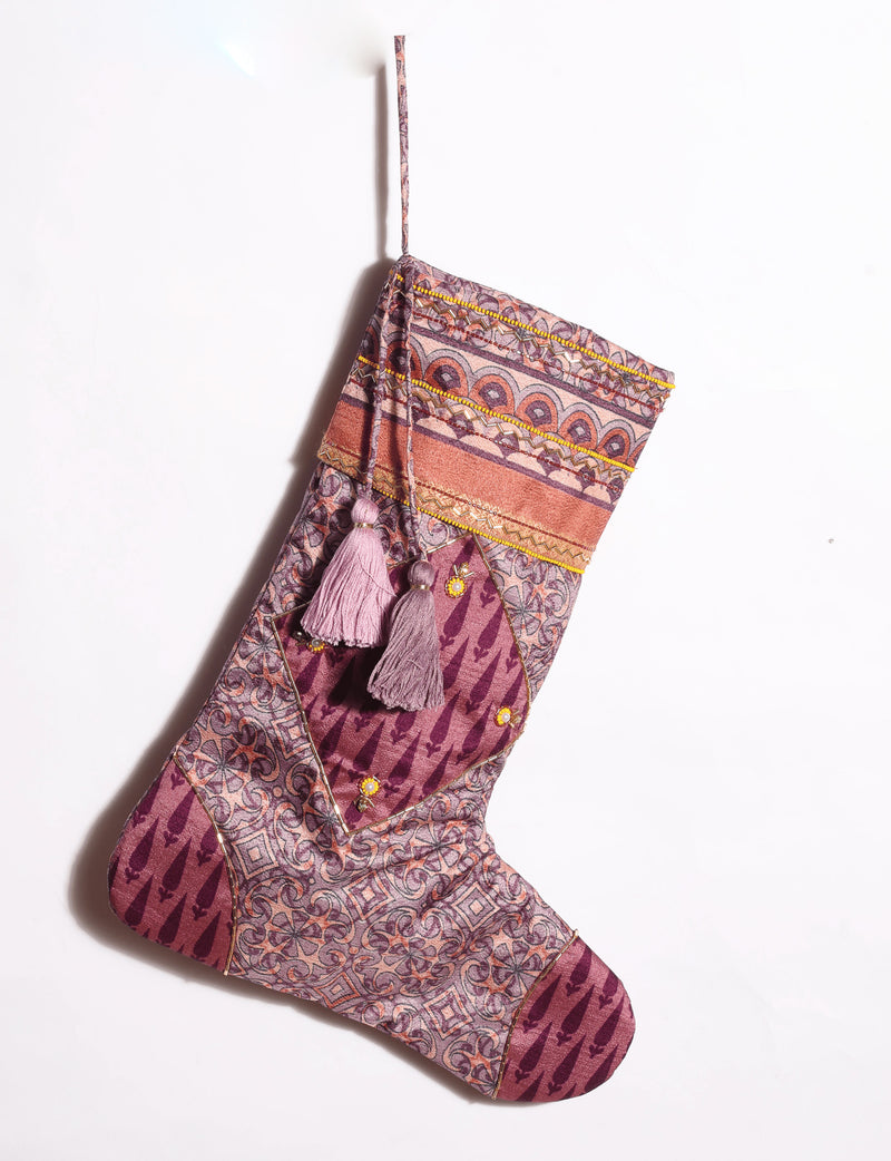 Cheer Christmas stocking ornament made from preloved saris with patchwork, hand-embroidered beads, sequins, pearls and heart charm.