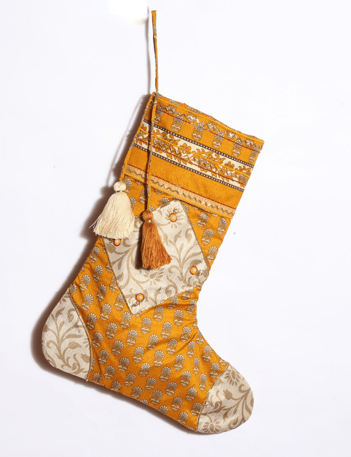 Cheer Christmas stocking ornament made from preloved saris with patchwork, hand-embroidered beads, sequins, pearls and heart charm.