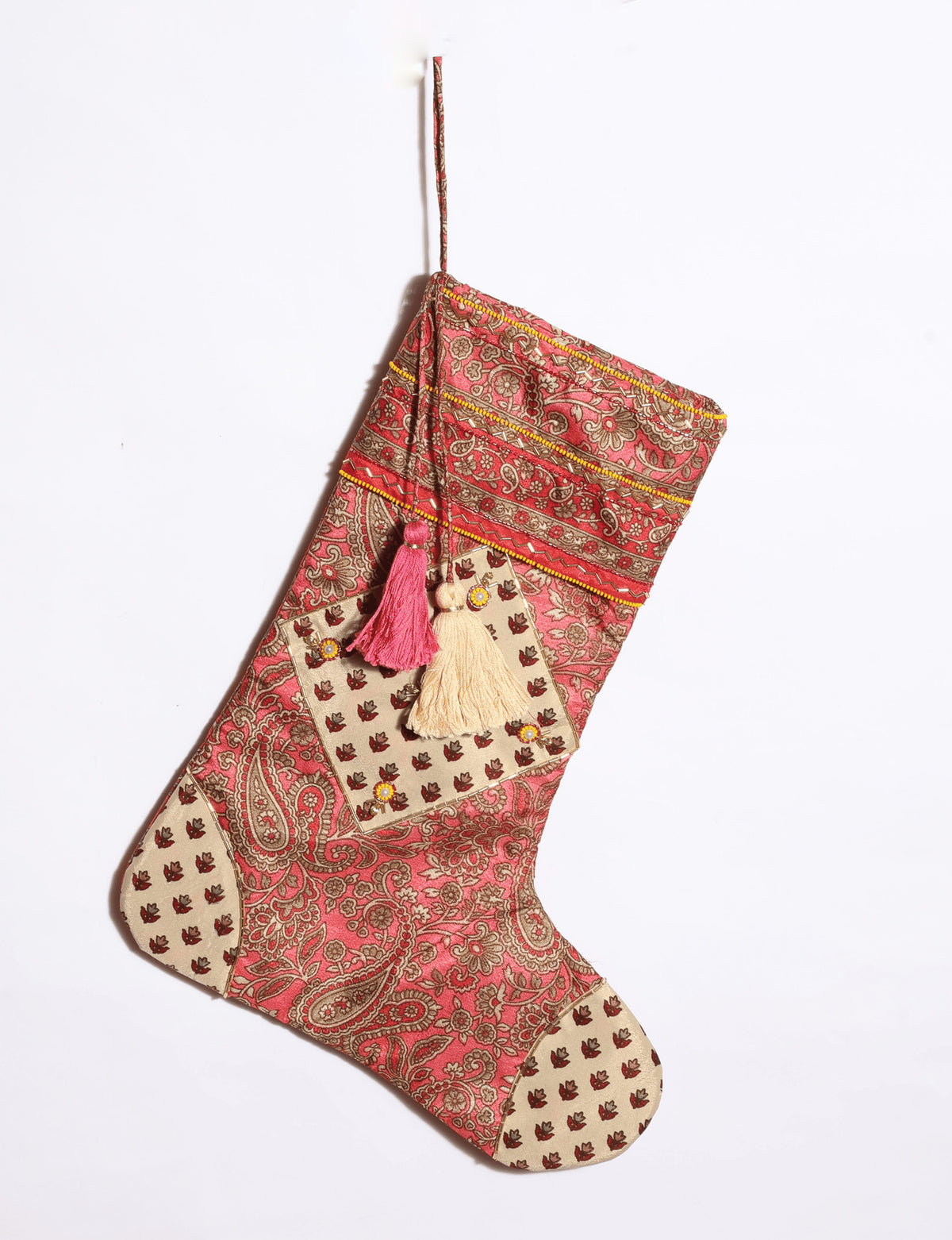 Cheer Christmas stocking ornament made from preloved saris with patchwork, hand-embroidered beads, sequins, pearls and heart charm.