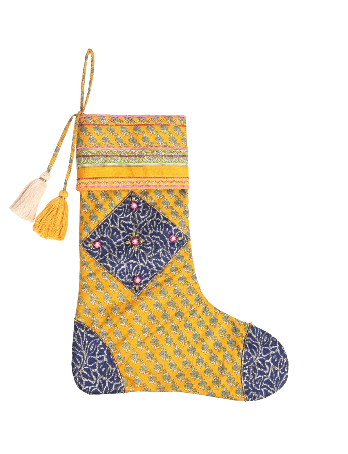 Yellow Christmas stocking with micro floral design, blue patterned patches, pink bead embellishments, and two hanging
