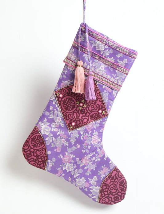 Cheer Christmas stocking made from recycled sari fabric with patchwork, gold hand embroidery, stones, sequins, pearls, glass beads, heart charm, and tassel — upcycled women’s clothing, conscious clothing, green fashion, upcycling fashion, environmentally friendly clothing, products made from textile waste, repurposed clothing, carbon neutral fashion, eco clothing, natural clothing.