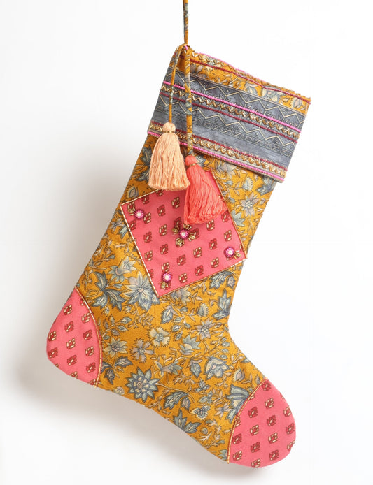 Cheer Christmas stocking made from recycled sari fabric with patchwork, gold hand embroidery, stones, sequins, pearls, glass beads, heart charm, and tassel — upcycled women’s clothing, conscious clothing, green fashion, upcycling fashion, environmentally friendly clothing, products made from textile waste, repurposed clothing, carbon neutral fashion, eco clothing, natural clothing.