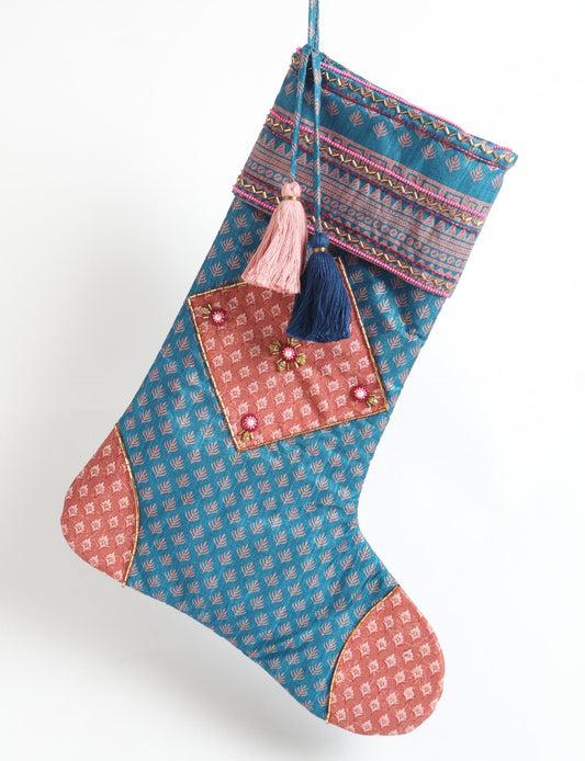 Cheer Christmas stocking made from recycled sari fabric with patchwork, gold hand embroidery, stones, sequins, pearls, glass beads, heart charm, and tassel — upcycled women’s clothing, conscious clothing, green fashion, upcycling fashion, environmentally friendly clothing, products made from textile waste, repurposed clothing, carbon neutral fashion, eco clothing, natural clothing.