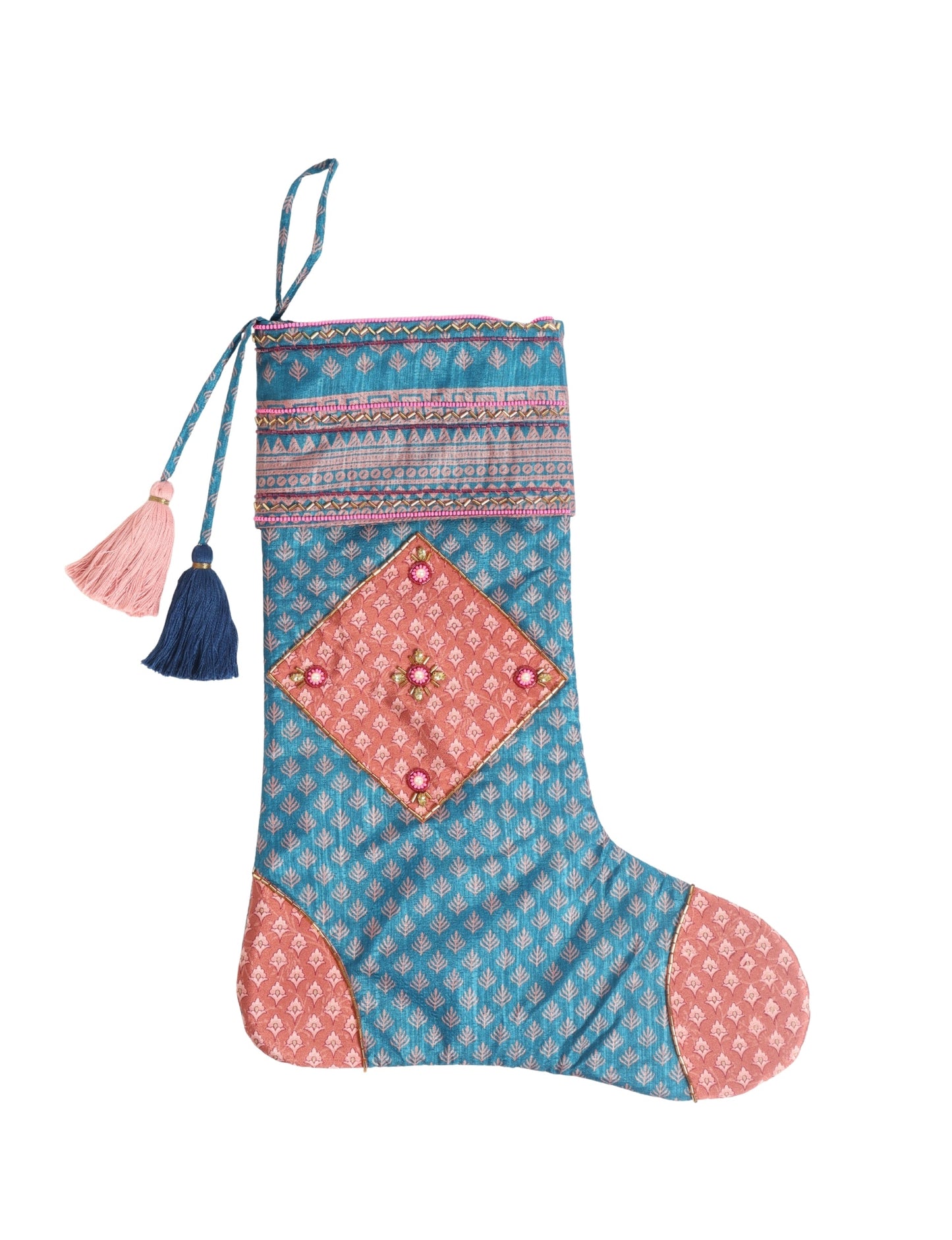 Cheer Christmas stocking made from recycled sari fabric with patchwork, gold hand embroidery, stones, sequins, pearls, glass beads, heart charm, and tassel — upcycled women’s clothing, conscious clothing, green fashion, upcycling fashion, environmentally friendly clothing, products made from textile waste, repurposed clothing, carbon neutral fashion, eco clothing, natural clothing.