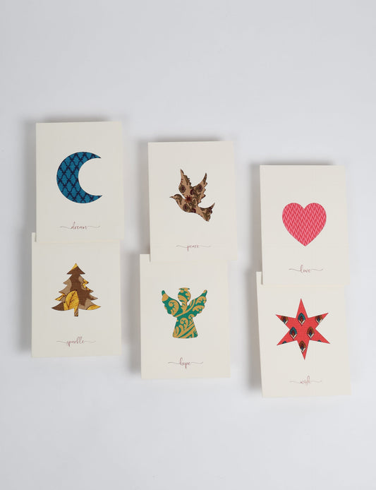 Folded greeting card set of 6 made from recycled sari scraps, symbolising Wish, Hope, Sparkle, Love, Peace, and Dream — beautifully designed with repurposed clothing textiles, upcycled garments, circular fashion inspiration, and fair trade fashion aesthetics, reflecting environmentally friendly clothing values.
