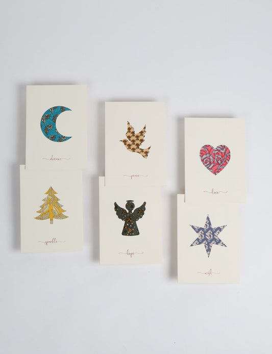 Folded greeting card set of 6 made from recycled sari scraps, symbolising Wish, Hope, Sparkle, Love, Peace, and Dream — beautifully designed with repurposed clothing textiles, upcycled garments, circular fashion inspiration, and fair trade fashion aesthetics, reflecting environmentally friendly clothing values.