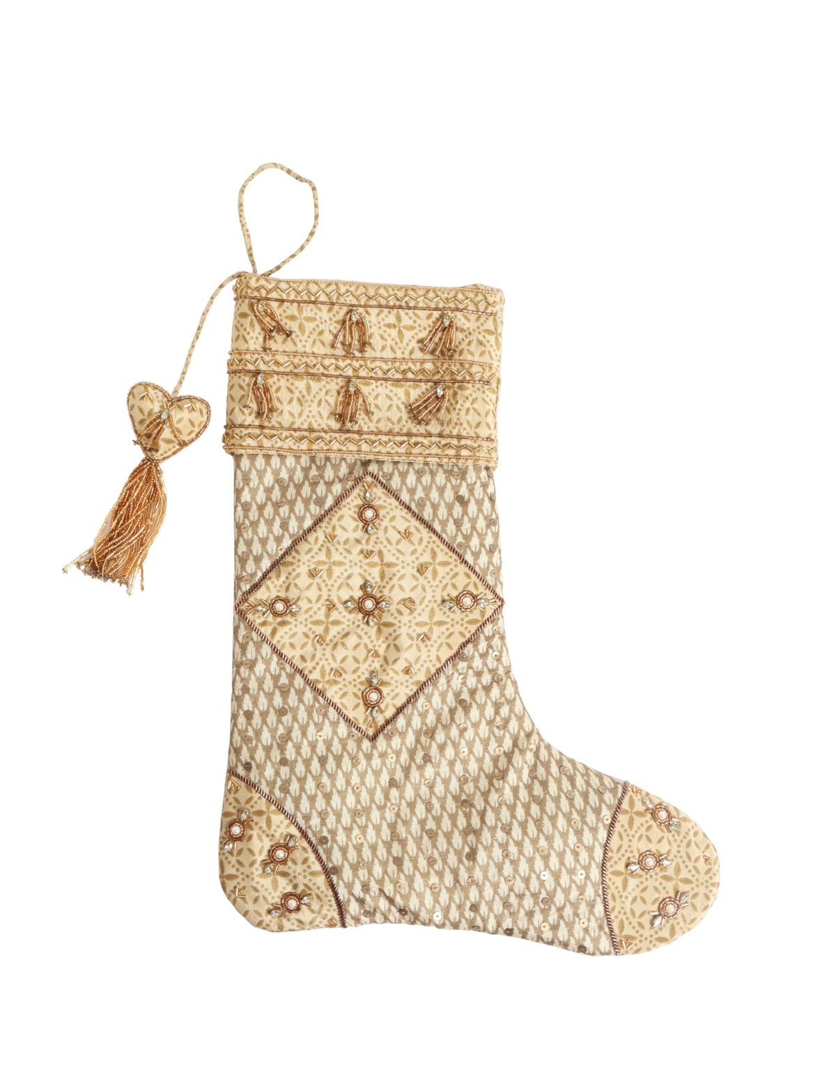 Beige patchwork Christmas stocking with micro floral design, bead tassels, and heart-shaped hanging loop, front view
