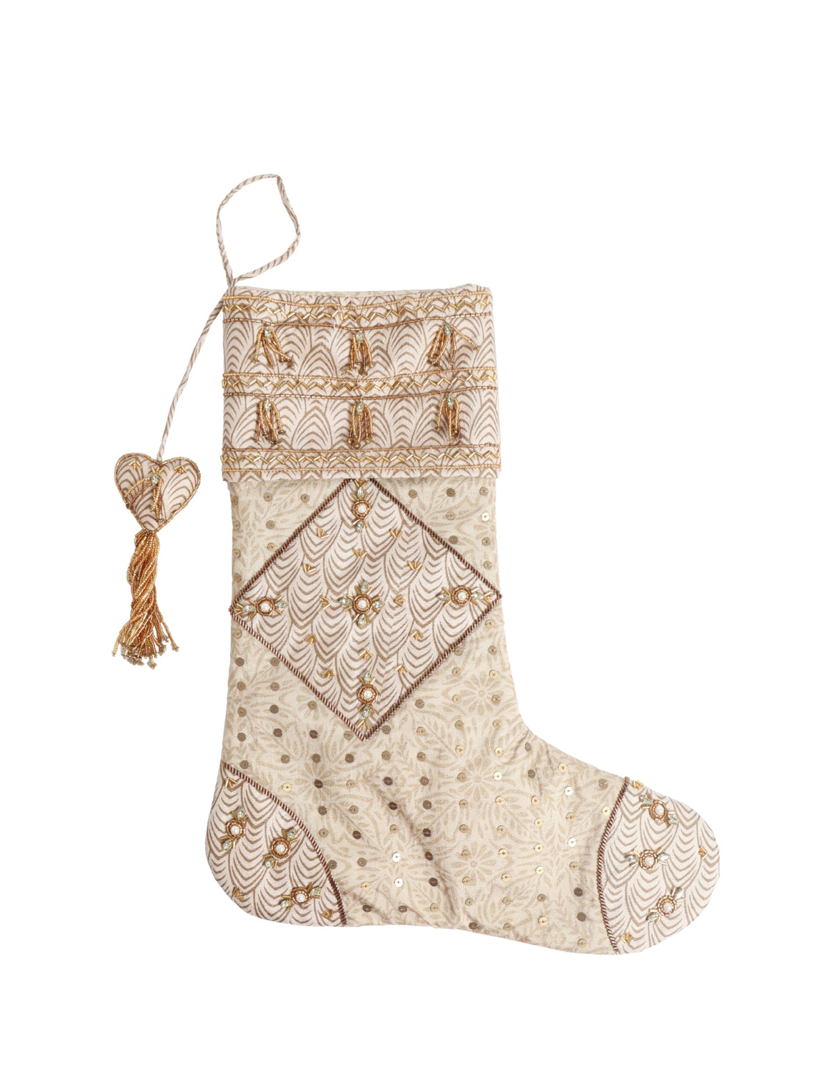 Beige patchwork Christmas stocking with leaf patterns, gold sequins, bead tassel, and hanging loop, front view