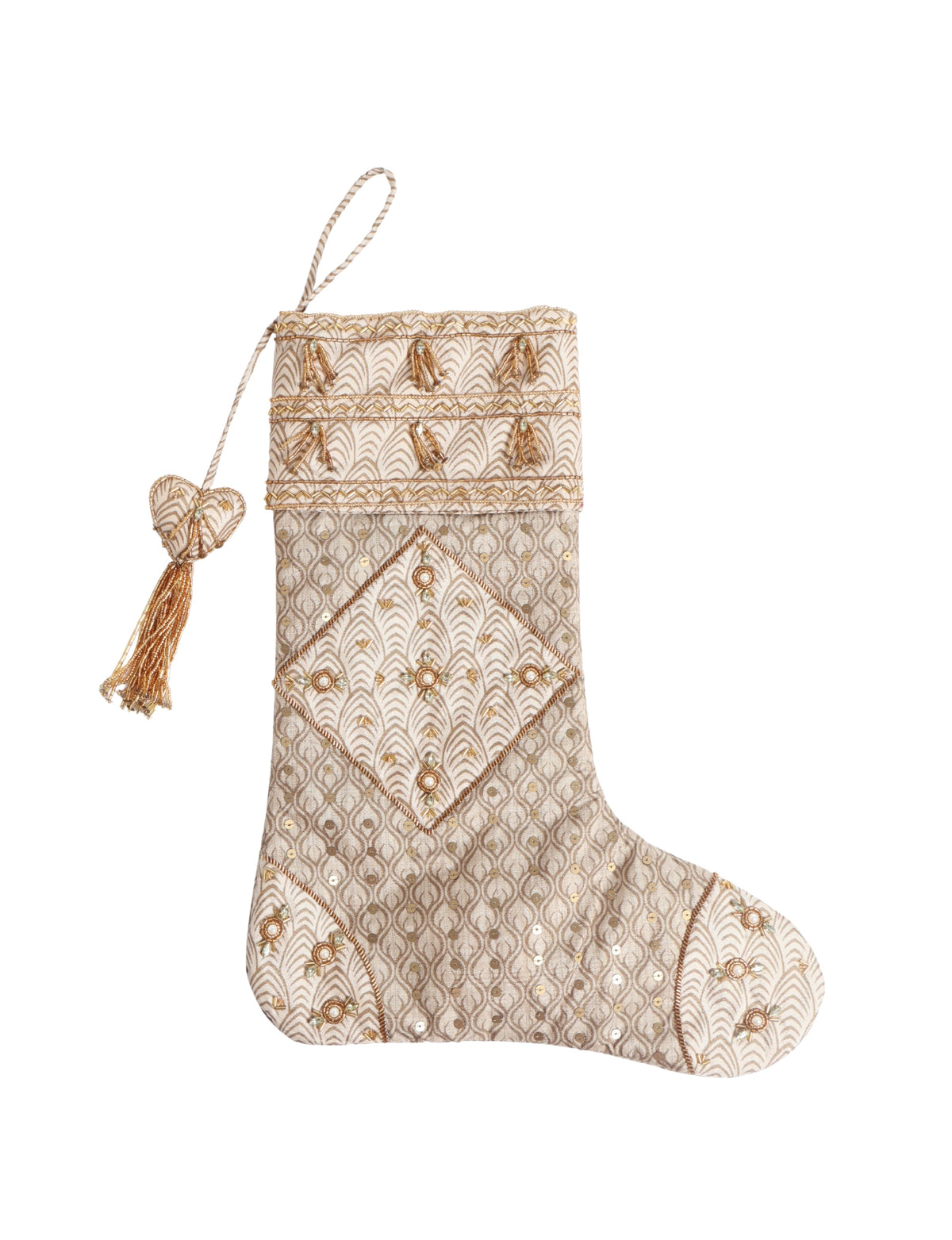 Beige patchwork Christmas stocking with micro design, gold sequins, bead tassel, and hanging loop, front view on white background