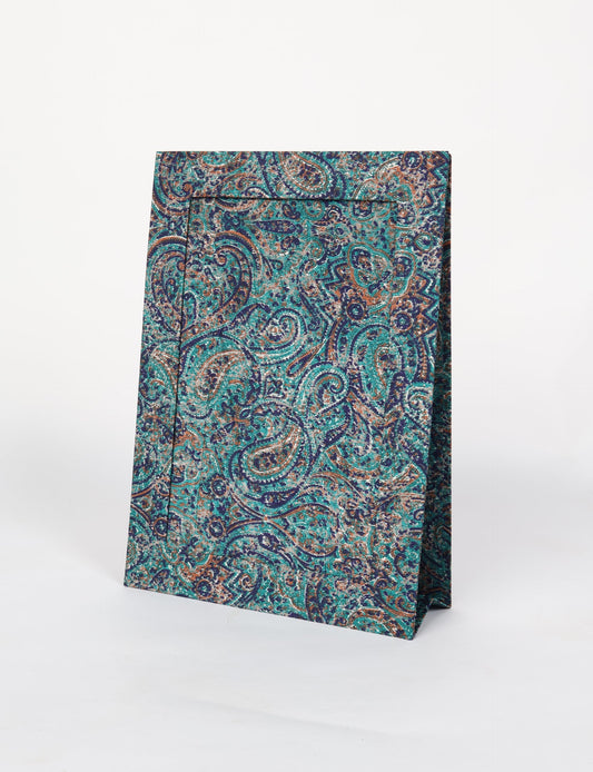 A4 size fabric photo frame with fold-out stand, made using upcycled clothing and recycled fashion concepts. Ideal for showcasing pictures, this eco friendly cloth-inspired frame highlights conscious clothing, zero waste clothing, and the essence of slow fashion.