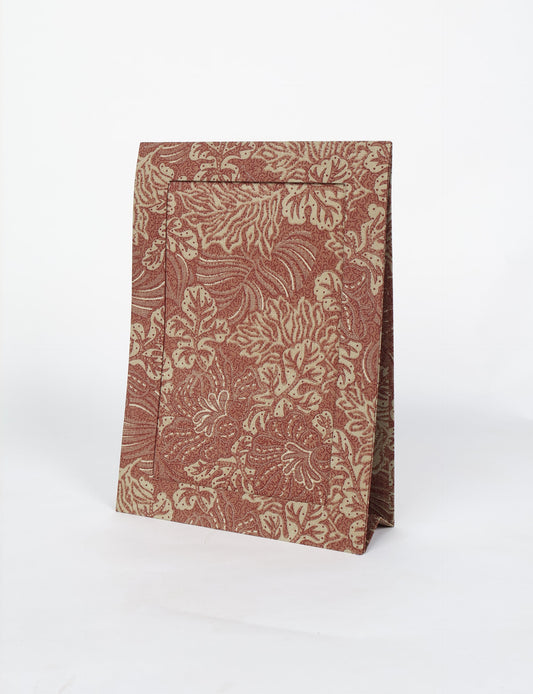 A4 size fabric photo frame with fold-out stand, made using upcycled clothing and recycled fashion concepts. Ideal for showcasing pictures, this eco friendly cloth-inspired frame highlights conscious clothing, zero waste clothing, and the essence of slow fashion.