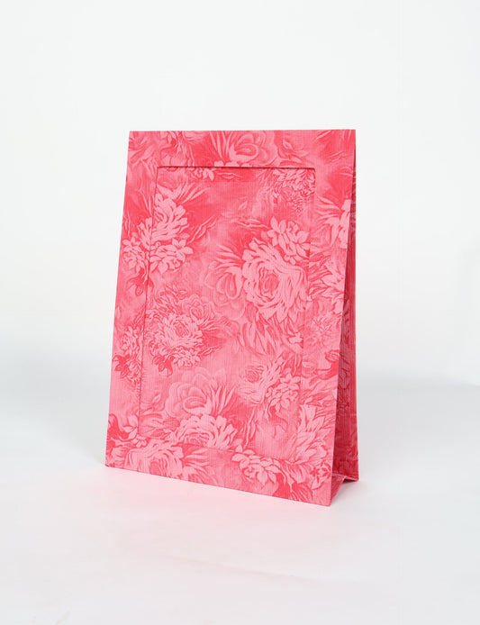 A4 size fabric photo frame with fold-out stand, made using upcycled clothing and recycled fashion concepts. Ideal for showcasing pictures, this eco friendly cloth-inspired frame highlights conscious clothing, zero waste clothing, and the essence of slow fashion.