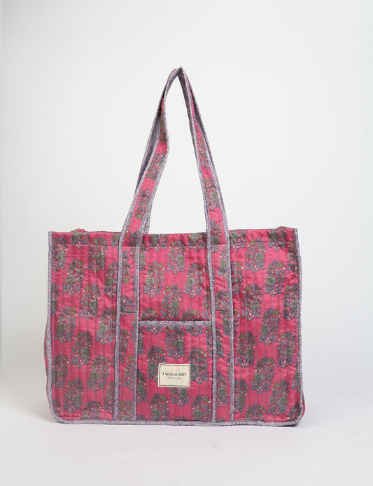 Quilted work tote bag with structured rectangular design and long shoulder straps, representing slow fashion and ethical clothing ideals, made as part of upcycled women's clothing and sustainable women's clothing using recycled fashion and earth friendly clothing practices.