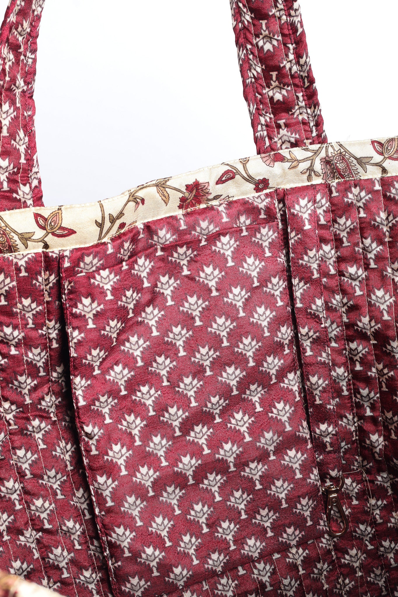 Quilted work tote bag with structured rectangular design and long shoulder straps, representing slow fashion and ethical clothing ideals, made as part of upcycled women's clothing and sustainable women's clothing using recycled fashion and earth friendly clothing practices.