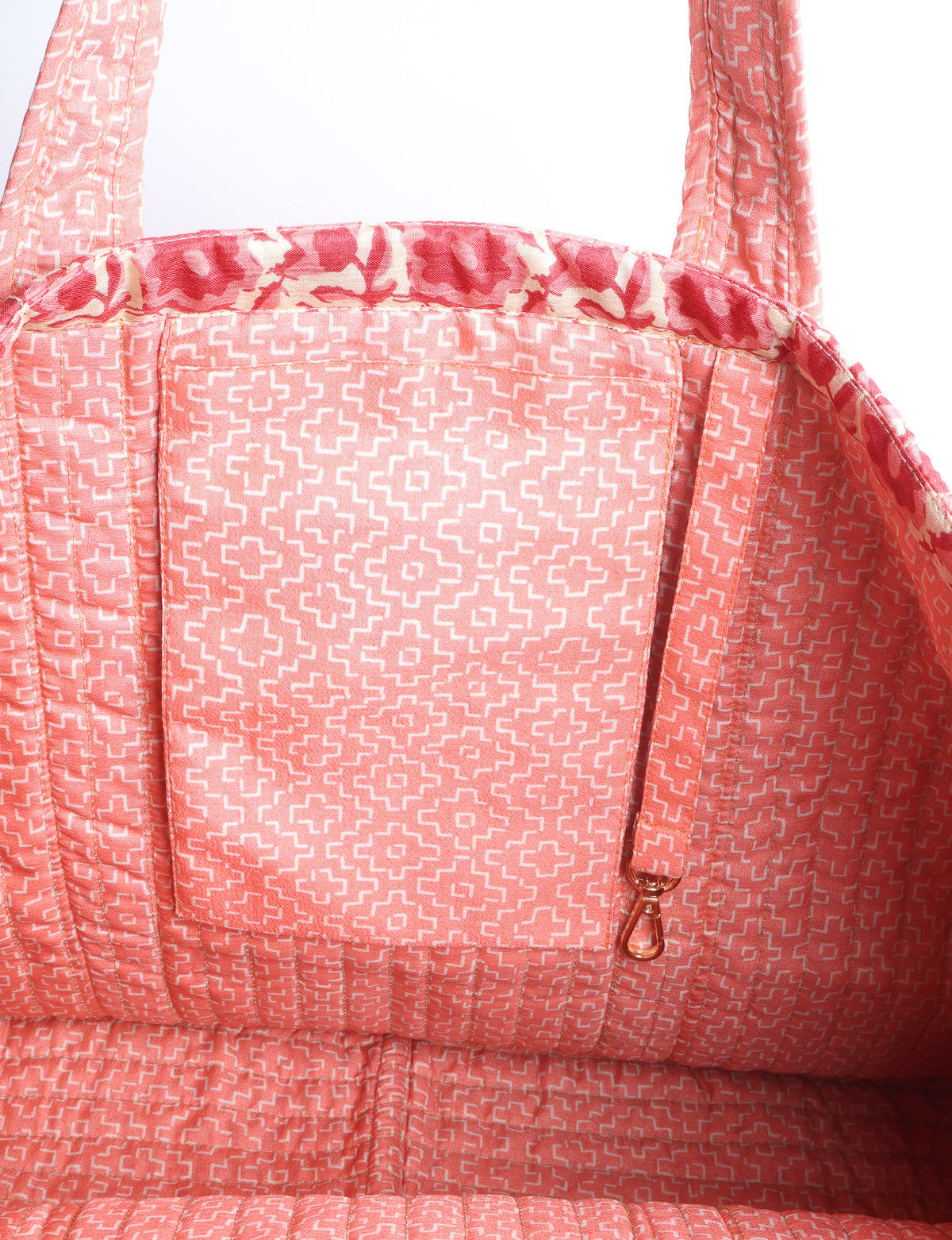 Quilted work tote bag with structured rectangular design and long shoulder straps, representing slow fashion and ethical clothing ideals, made as part of upcycled women's clothing and sustainable women's clothing using recycled fashion and earth friendly clothing practices.