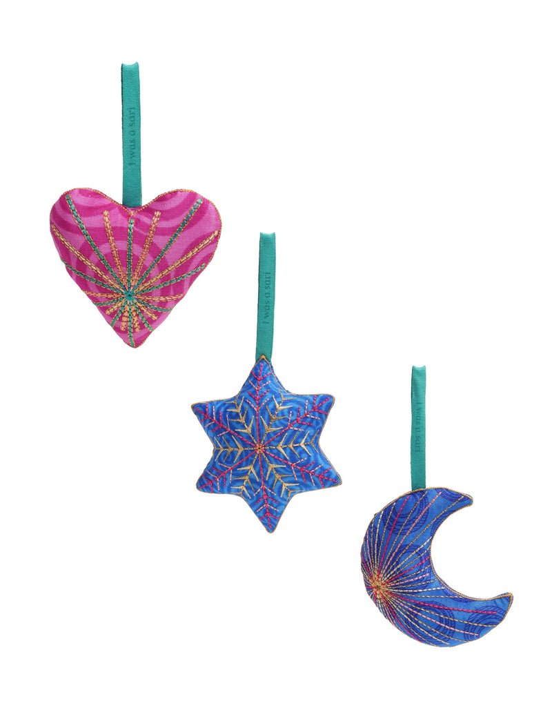 Set of three fabric ornaments in heart, star, and crescent moon shapes with colorful stitched patterns and teal hanging loops