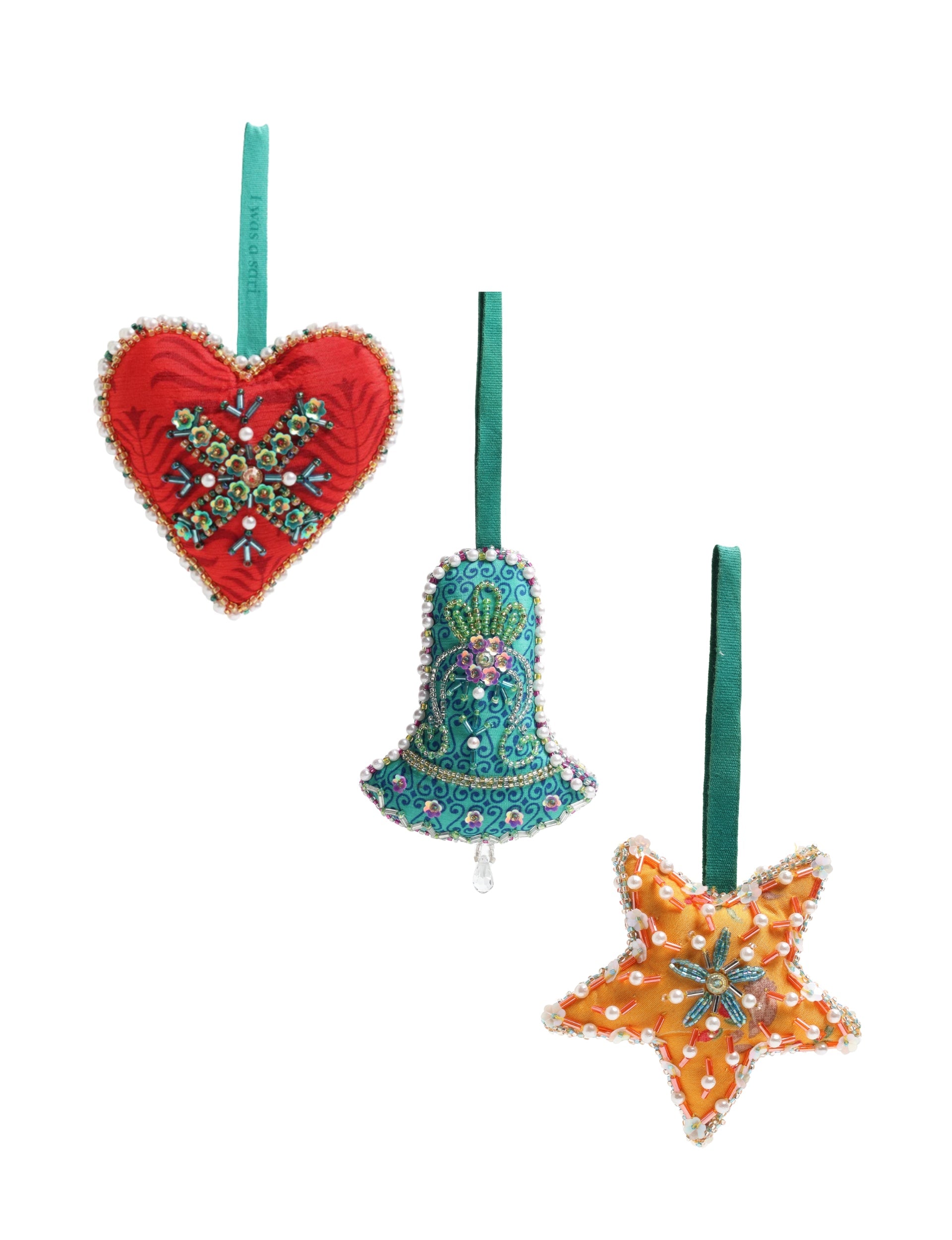 Set of three assorted Christmas ornaments in red heart, teal bell, and orange star shapes with bead and pearl embellishments