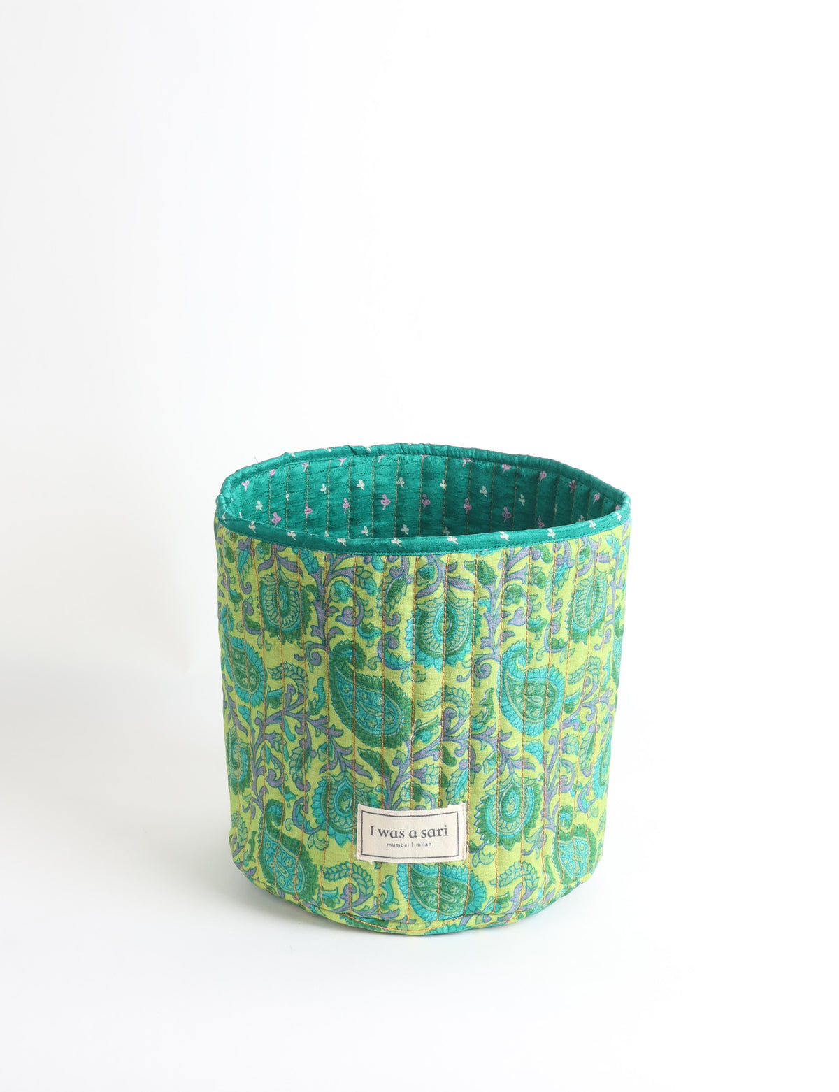 Quilted storage basket - Yellow Tropical - Green Paisley