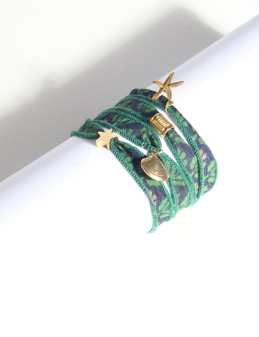 Wrap around bracelet with stainless steel 18K gold-plated charms, adjustable layered bracelet for everyday wear.