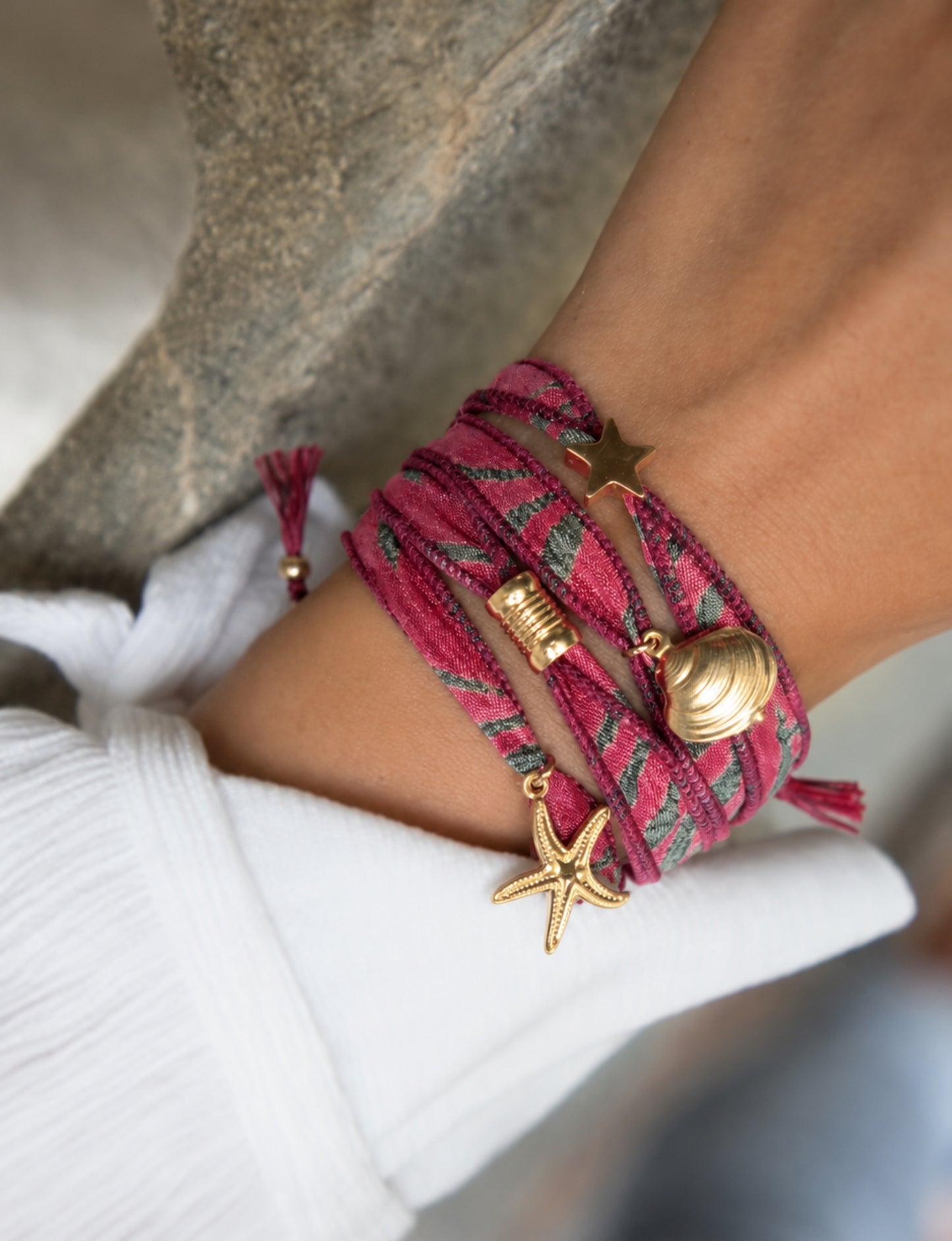 Wrap around bracelet with stainless steel 18K gold-plated charms, adjustable layered bracelet for everyday wear.